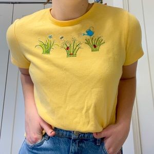 Thrifted Yellow Shirt w/ flower Appliqué